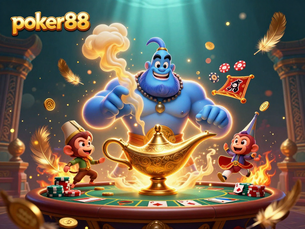 Menghadirkan poker88, ilustrasi kasino dengan jin biru, kucing, dan karpet terbang yang penuh dengan koin emas.