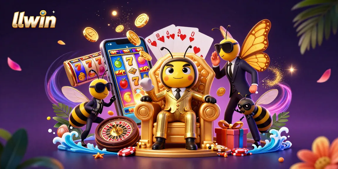 llwin showcases a vibrant casino scene with a bumblebee mob boss and interactive slot game elements.