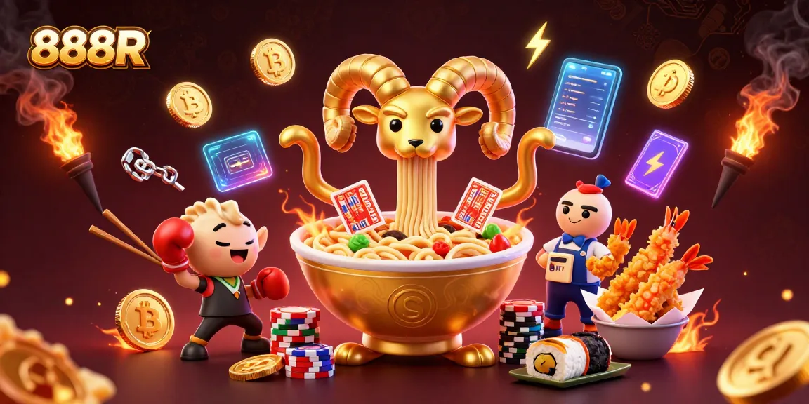 Engage in thrilling casino action with 888R as the vibrant ramen bowl character dishes cards and chips.