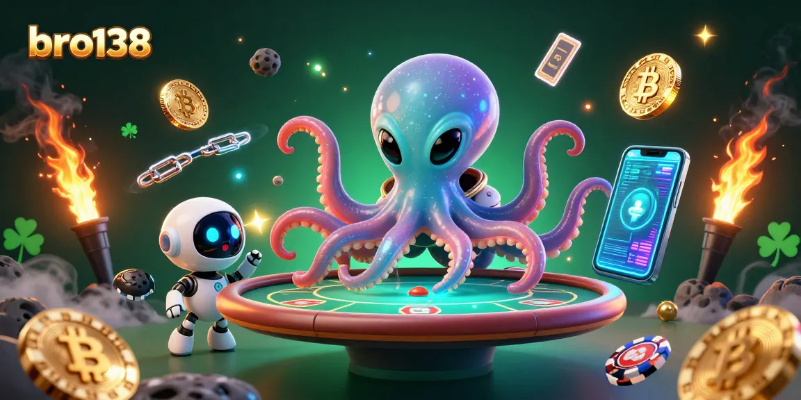 Experience the fun at bro138 with an alien octopus playing poker in a vibrant cosmic casino.