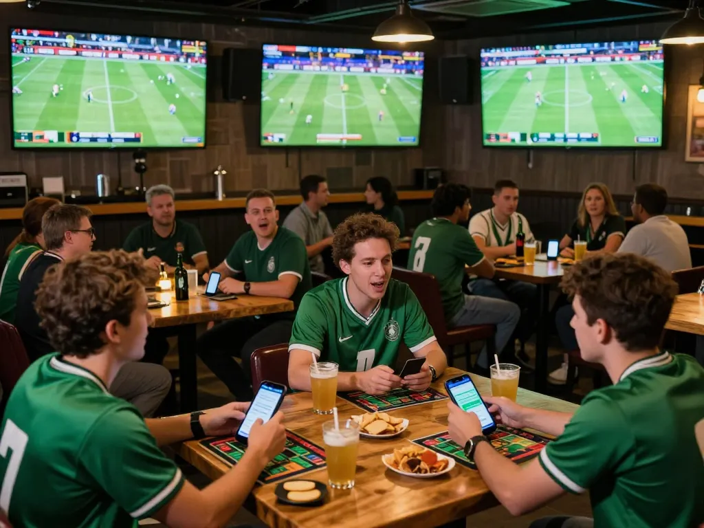 Fans engaging with their mobile betting apps while enjoying football matches on screens at luongsontv60.