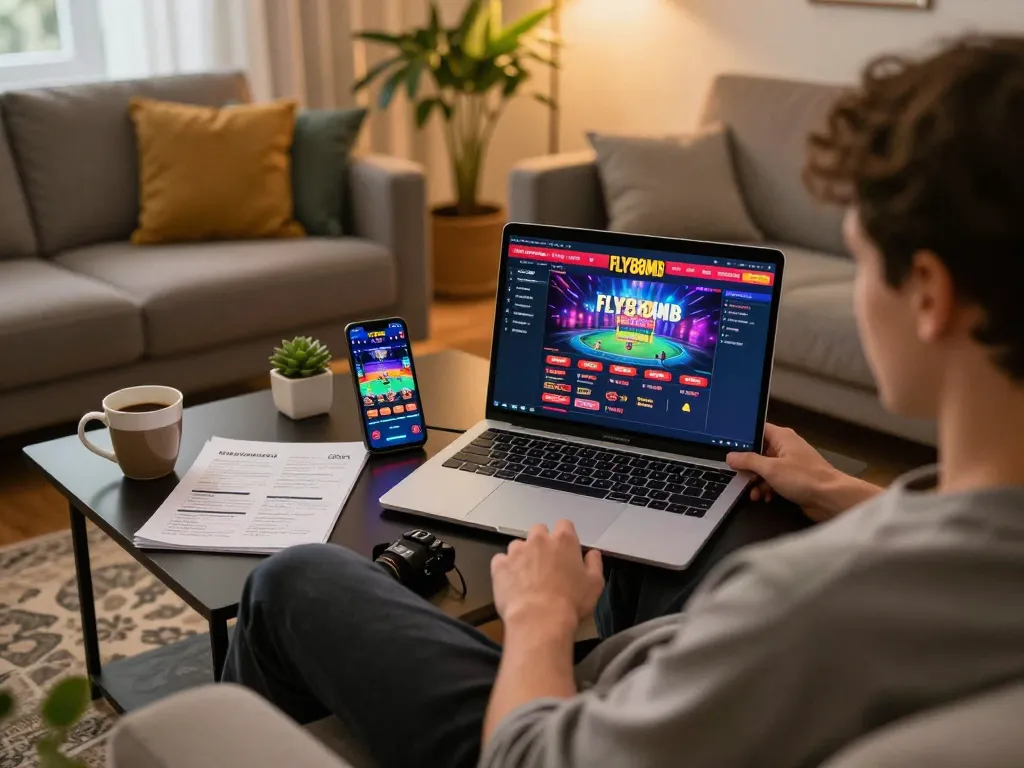 Person engaging with FLY88MB online casino on laptop, showcasing interactive gameplay.