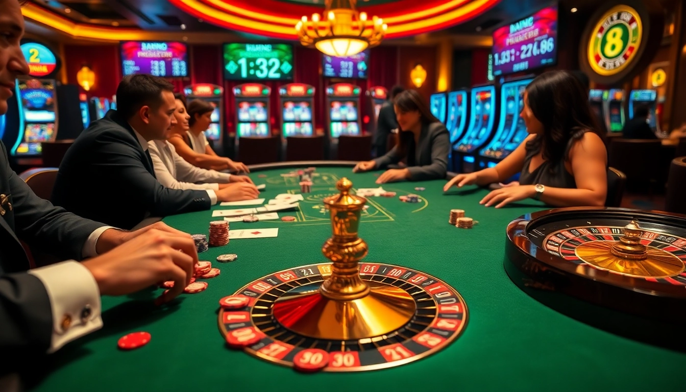 Engaged players at luxury138 enjoying a vibrant casino atmosphere with roulette and card tables.