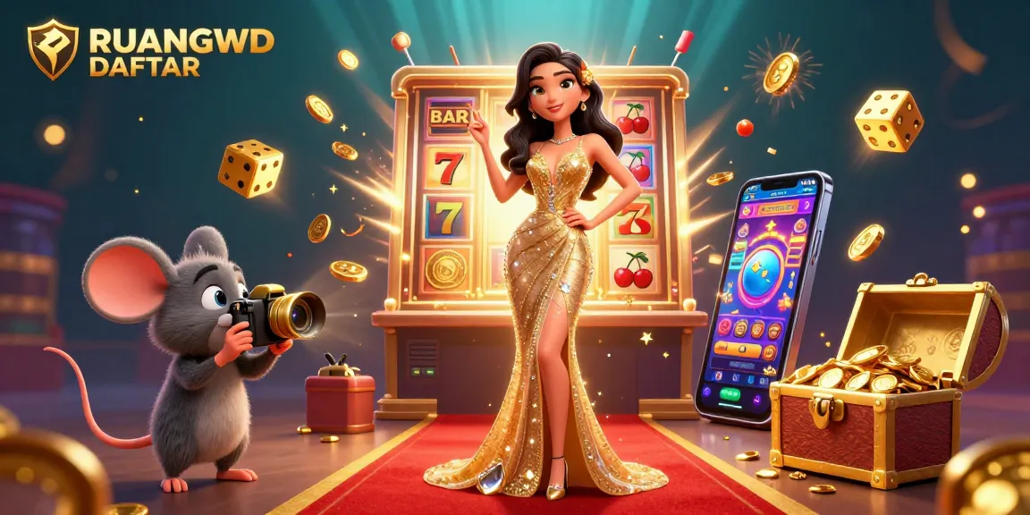 Engage with the vivid casino scene featuring RUANGWD DAFTAR and bursting jackpots, capturing winning moments.