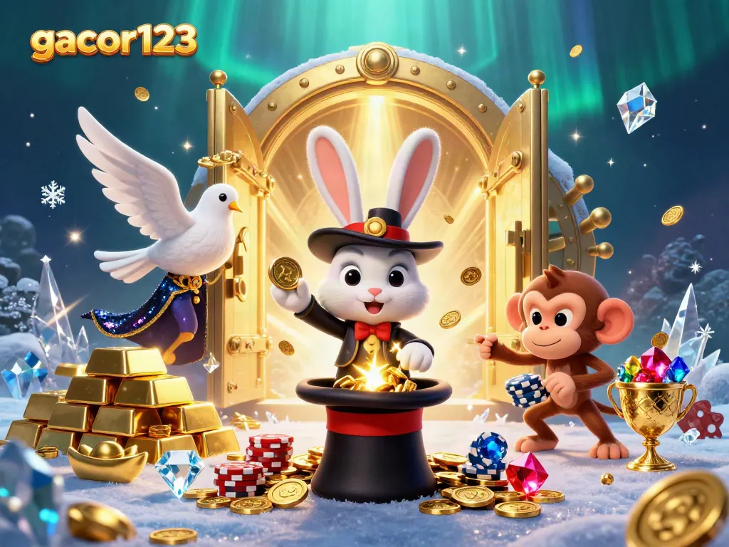Experience the excitement of gacor123 with a magician pulling coins from a hat in a vibrant casino scene.