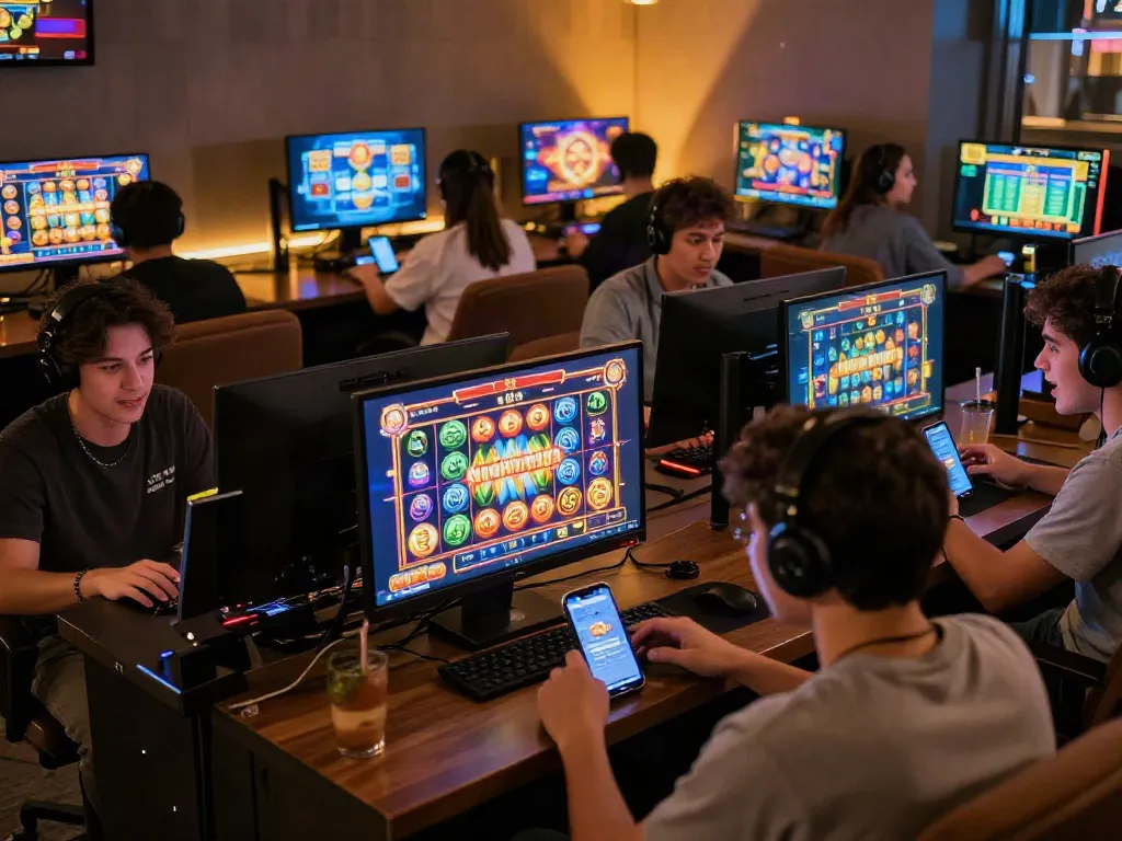 Players enjoying exciting slot games in a vibrant online gaming lounge with dynamic visuals and engaging interfaces.