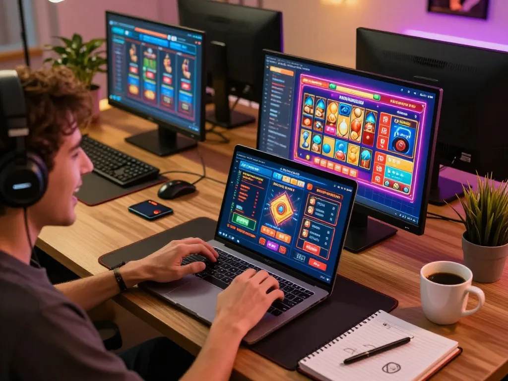 Engaging in online gaming with laptop displaying various m121 casino games, showcasing user excitement.
