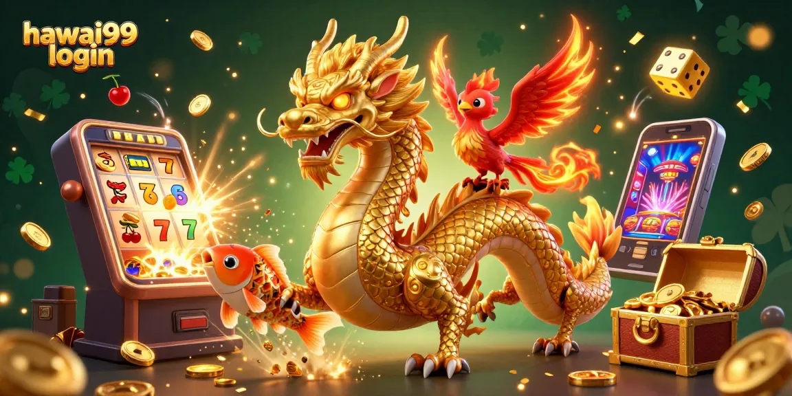 Engage with hawai99 login at a vibrant casino scene featuring a dragon, phoenix, and koi fish.