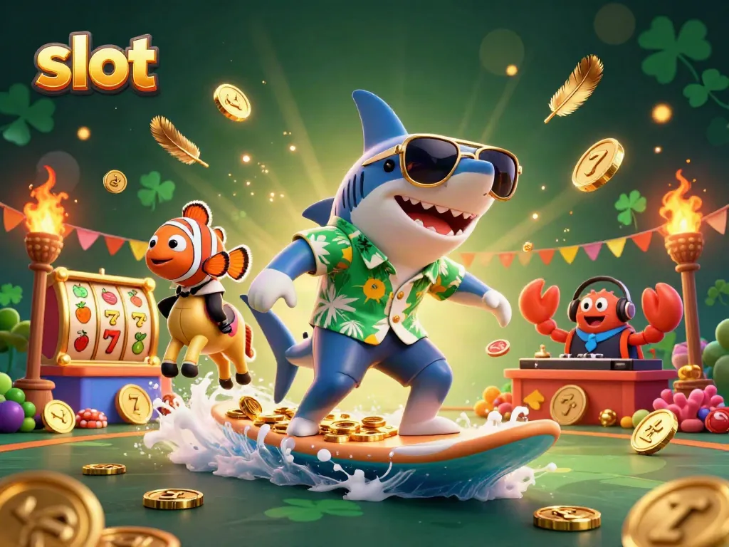 Engage with thrilling slot machines and action in a vibrant 3D casino scene featuring a surfing shark.