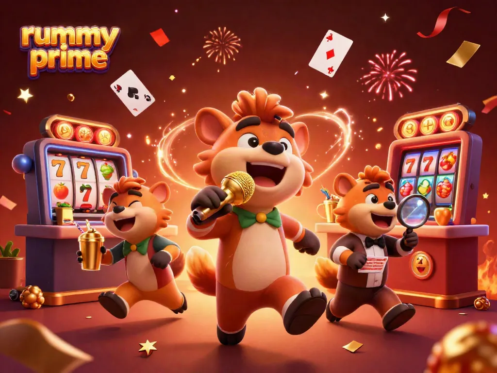 Engage with Rummy Prime's vibrant atmosphere as hyenas entertain in an animated casino scene.