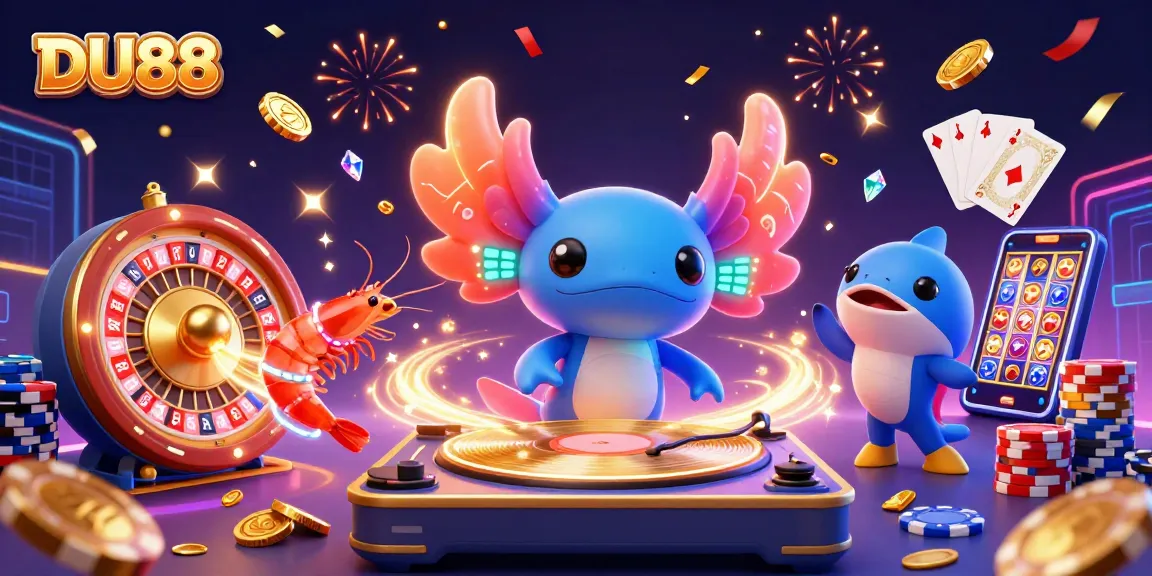 Join the excitement at DU88 with a lively scene of a neon axolotl DJ amidst cascading coins and poker chips.