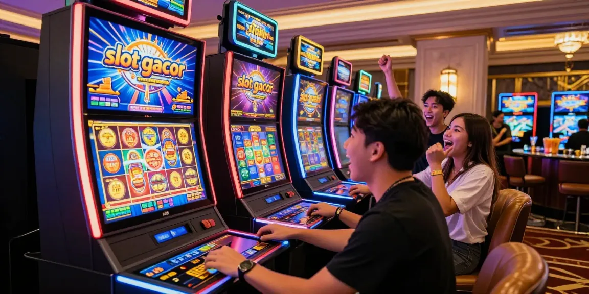 Player celebrating a big win at a slot gacor machine in a lively casino setting.