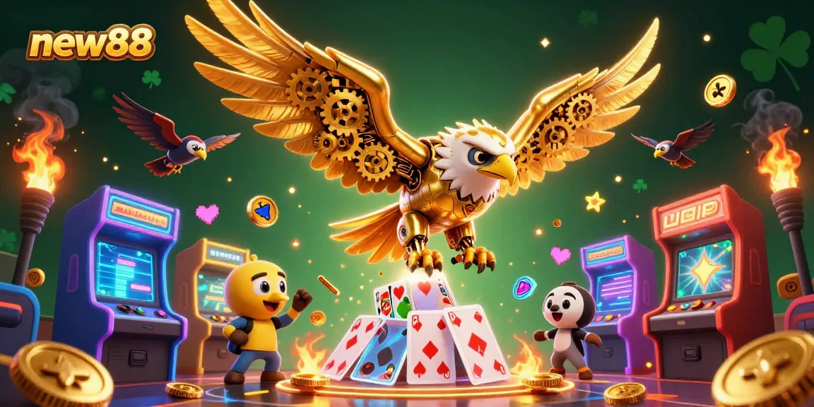 Experience thrilling gameplay at new88 with a cybernetic eagle diving through holographic playing cards.