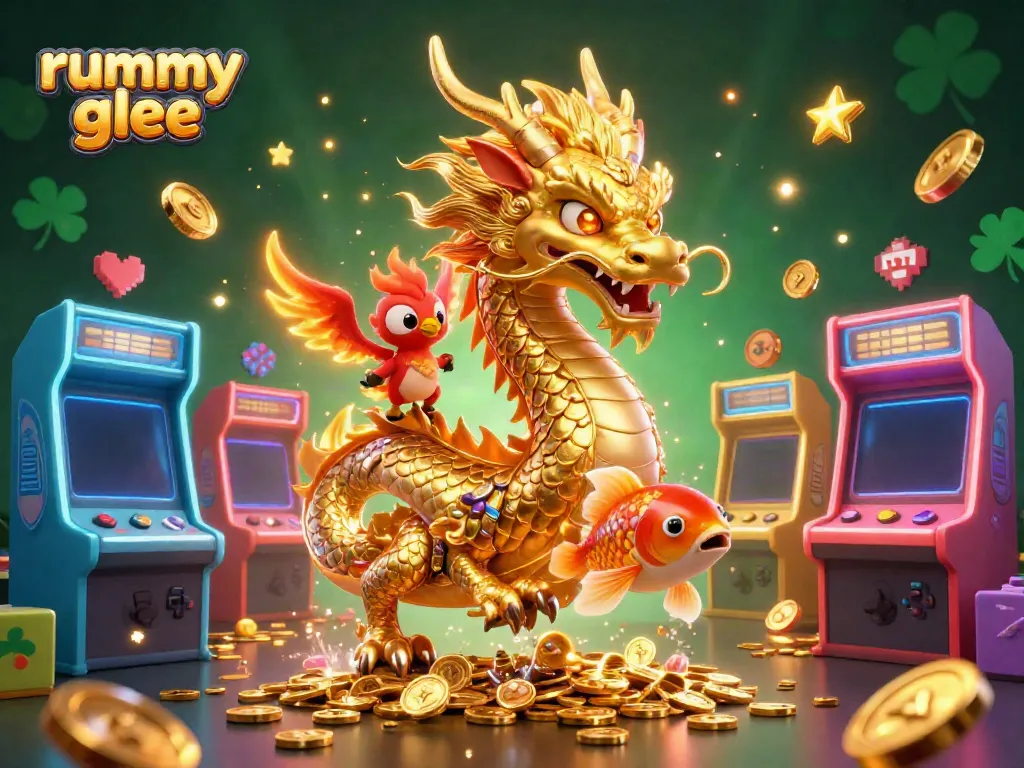 Rummy Glee menghadirkan permainan seru dengan naga emas dan ikan koi melompat di atas koin.