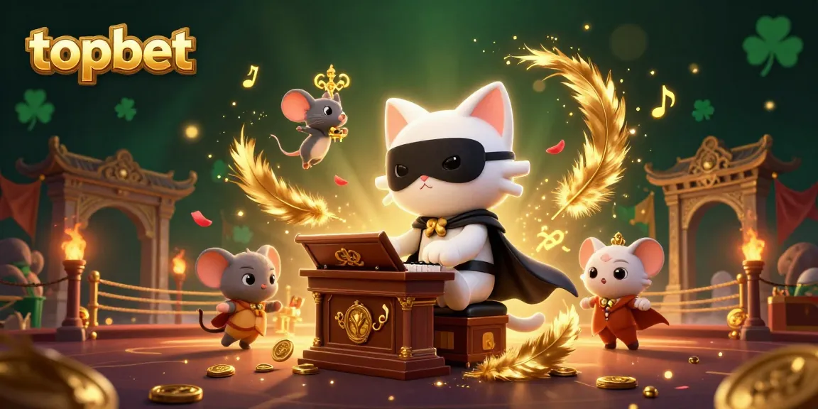 Topbet's vibrant 3D casino scene features a white cat in a mask at a pipe organ, captivating acrobatics, and rich gambling elements.
