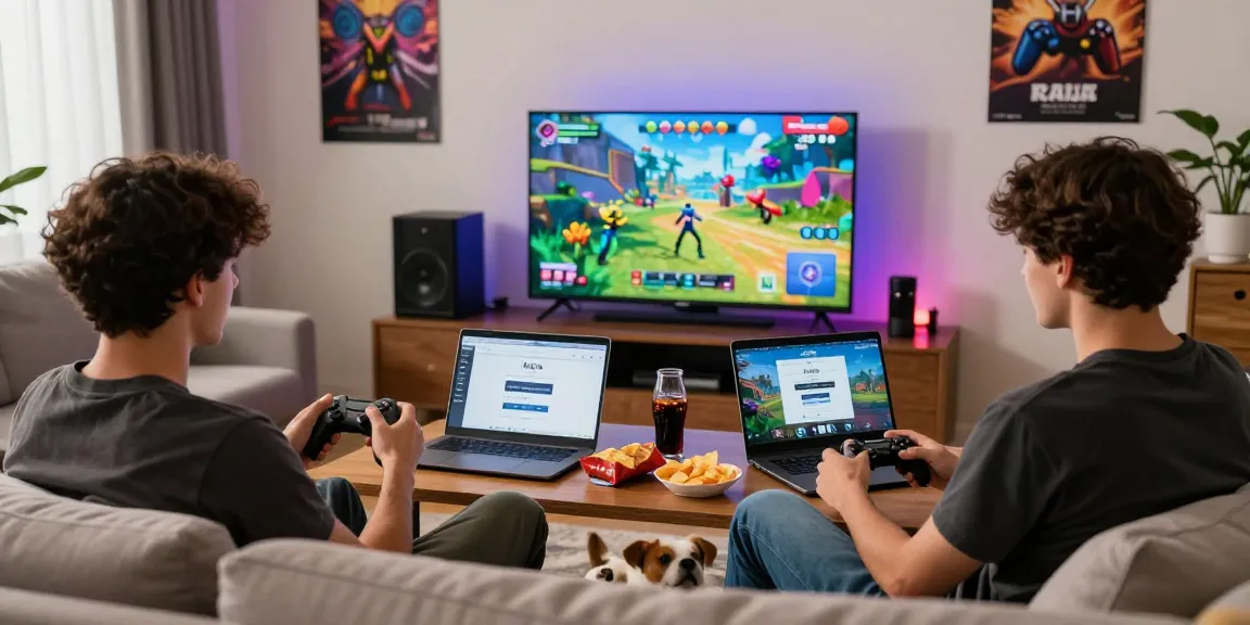 Raja Game login scene with friends gaming together, cozy setting, excitement, vibrant atmosphere.
