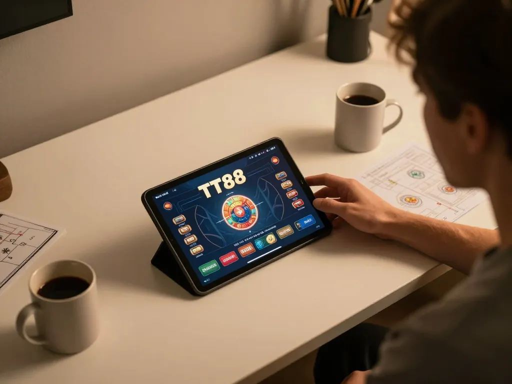 Engaging with TT88 casino games on a tablet during a cozy home gaming session.