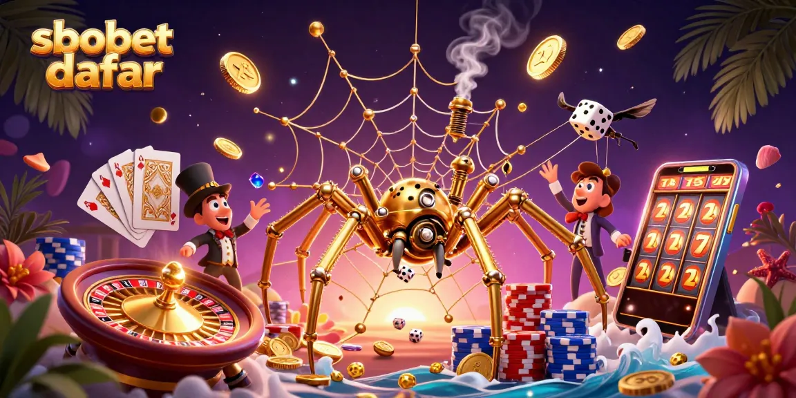 Experience sbobet daftar with golden poker elements, cascading coins, and a dynamic steampunk spider scene.