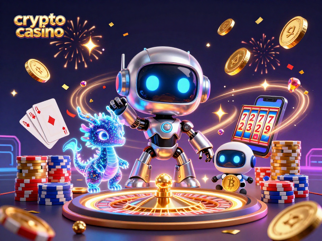 Experience an exciting crypto casino environment with a cartoon cyberpunk robot and holographic dragon.