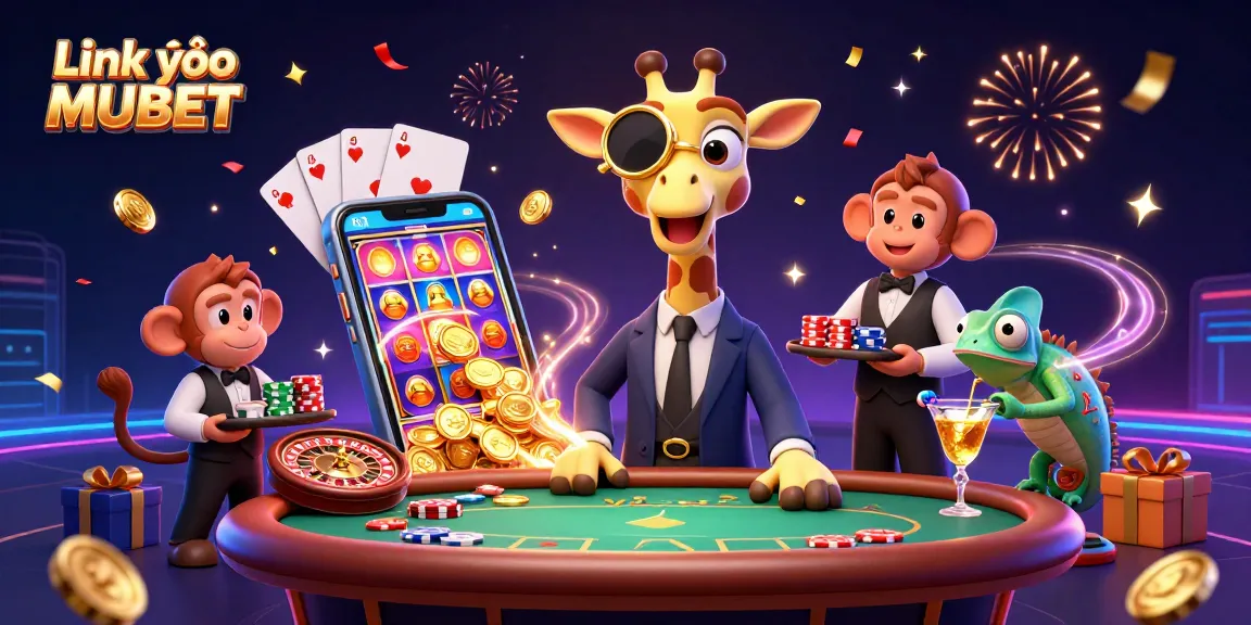 Engage with Link vào MUBET seamlessly, featuring a lively casino scene with charming characters and dynamic gaming elements.