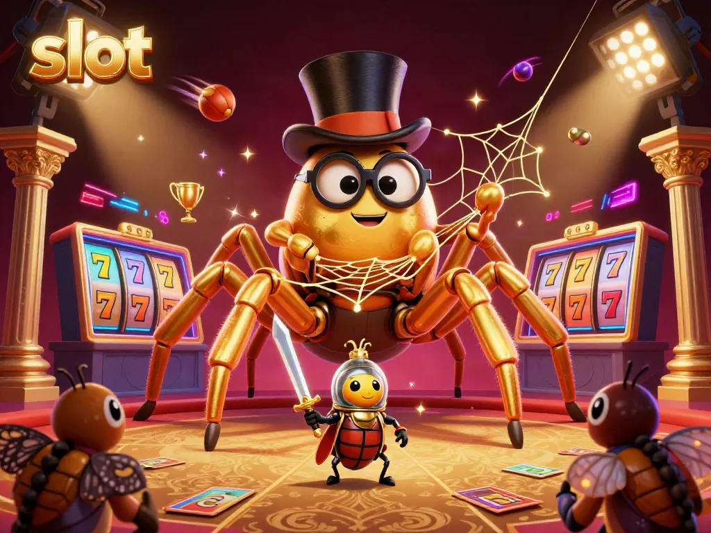 Experience the thrill of slot games with a dynamic 3D casino scene featuring characters and lively elements.