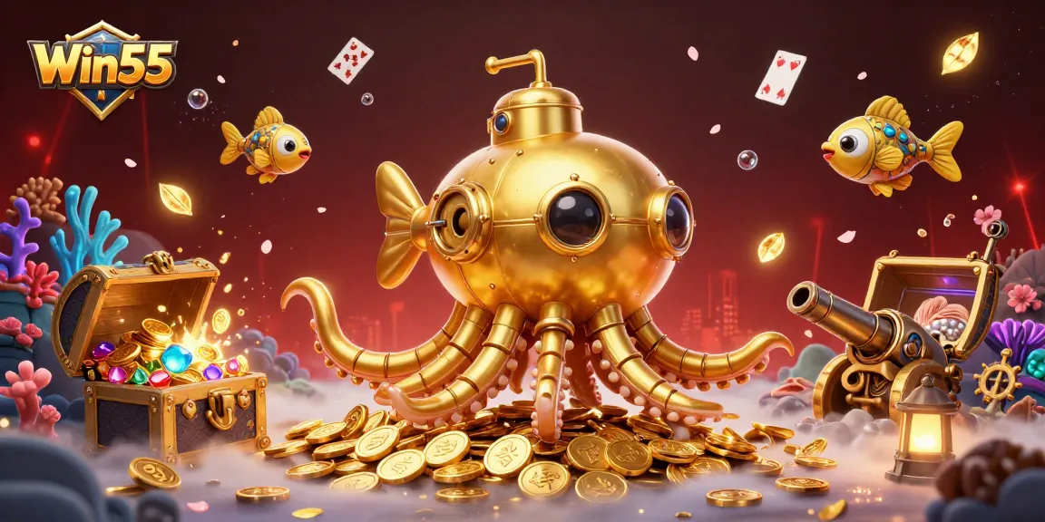 Win55 offers thrilling gameplay with a golden kraken and treasure in a vibrant underwater casino.