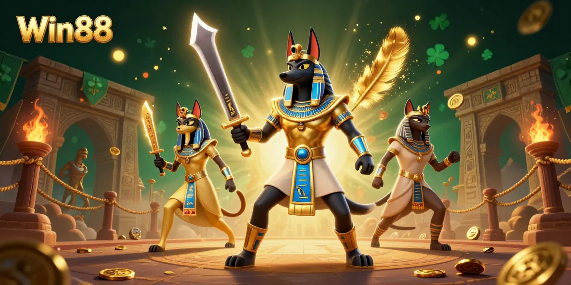 Engage with thrilling gaming action at Win88, featuring heroic Anubis and glowing icons.