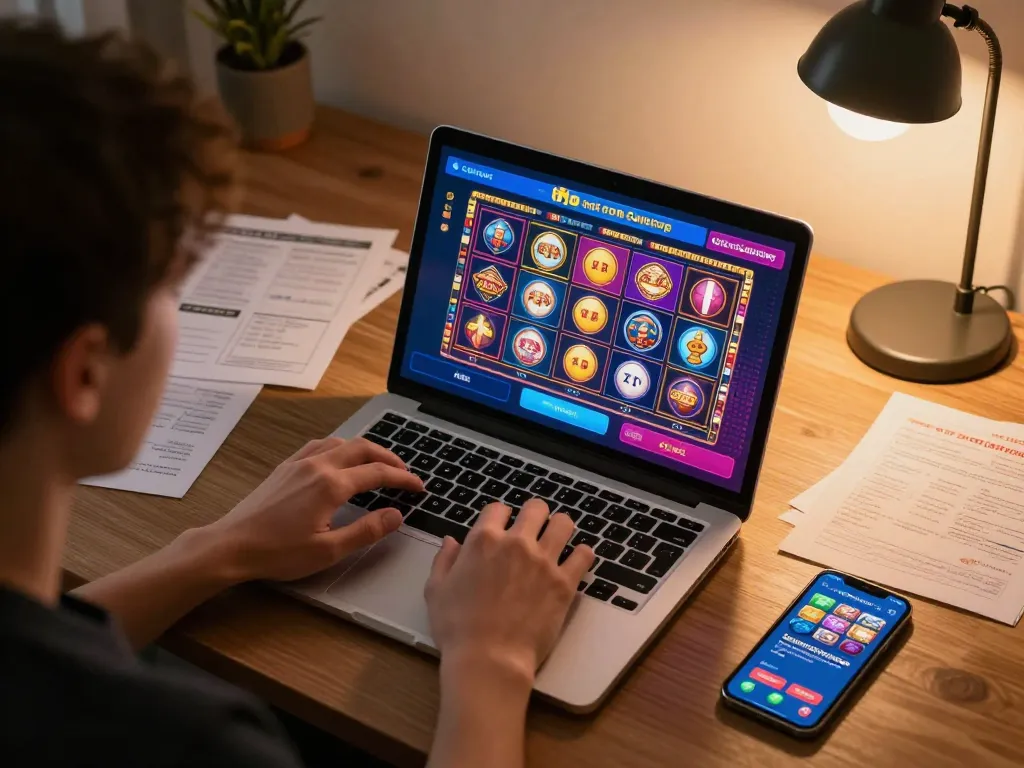 Engaging in gameplay at casinos not on Gamstop on a laptop while surrounded by gaming notes.