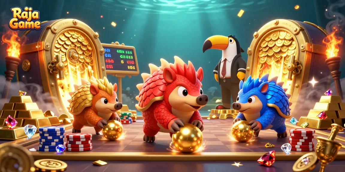Join the Raja Game adventure with colorful pangolins playing and winning in a vibrant casino world.