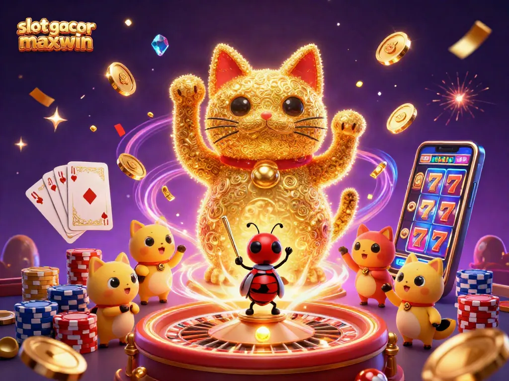 Play slot gacor maxwin with a colorful 3D scene of lucky symbols and dynamic casino elements.