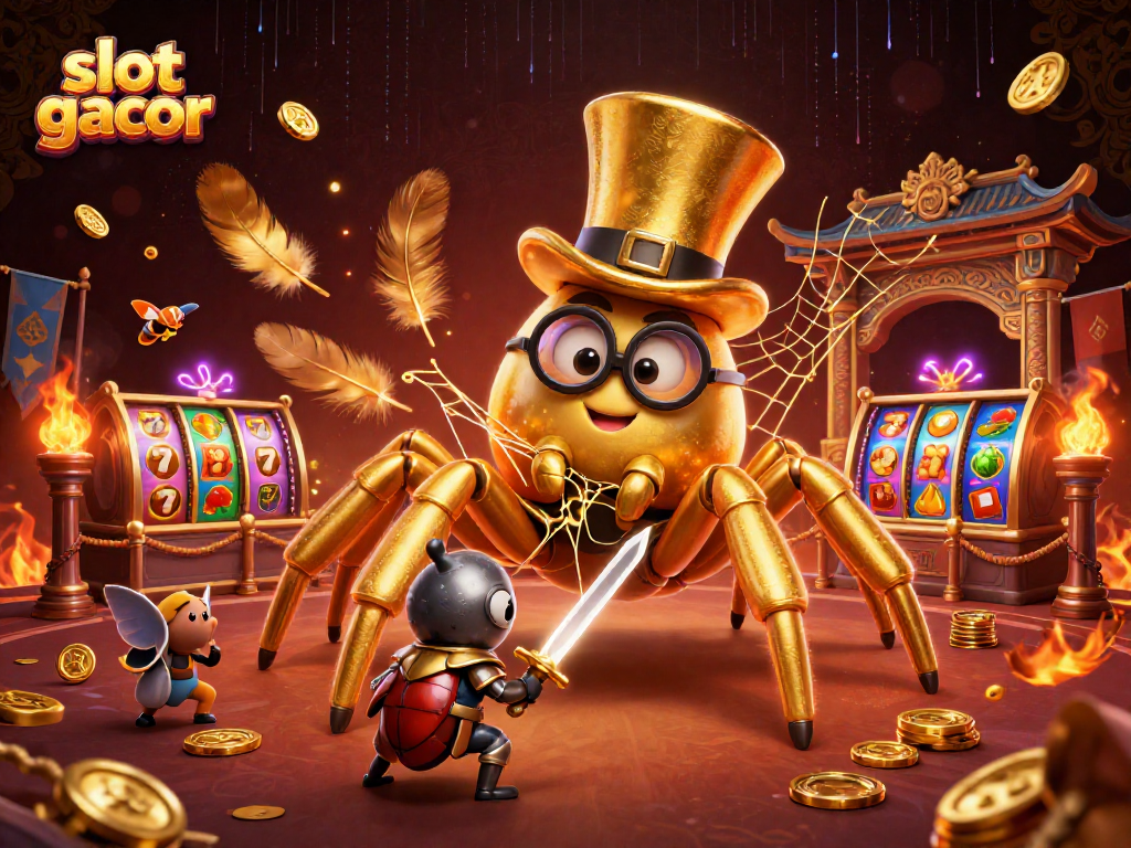 Engage with slot gacor gameplay in a vibrant casino scene featuring a golden tarantula and beetle knight.