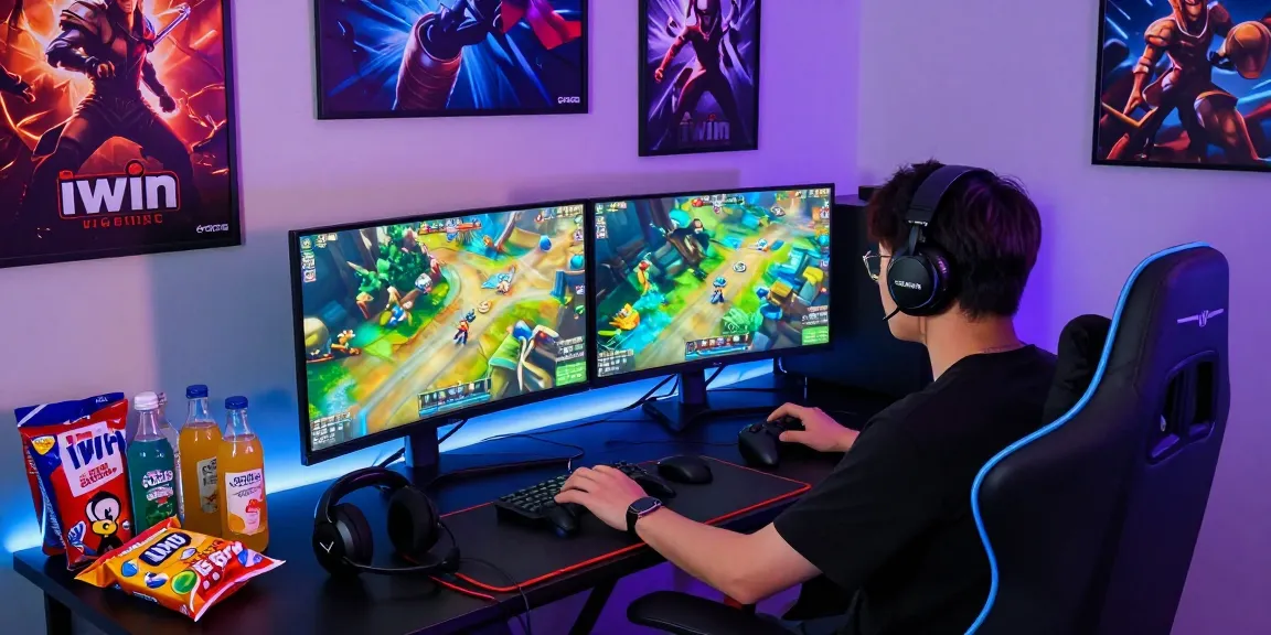 Gamer enjoying the vibrant iwin gaming experience in a lively online gaming room.