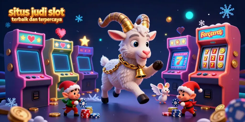 Menggambarkan suasana kasino dengan karakter Krampus, mouse, dan elf di situs judi slot terbaik dan terpercaya.