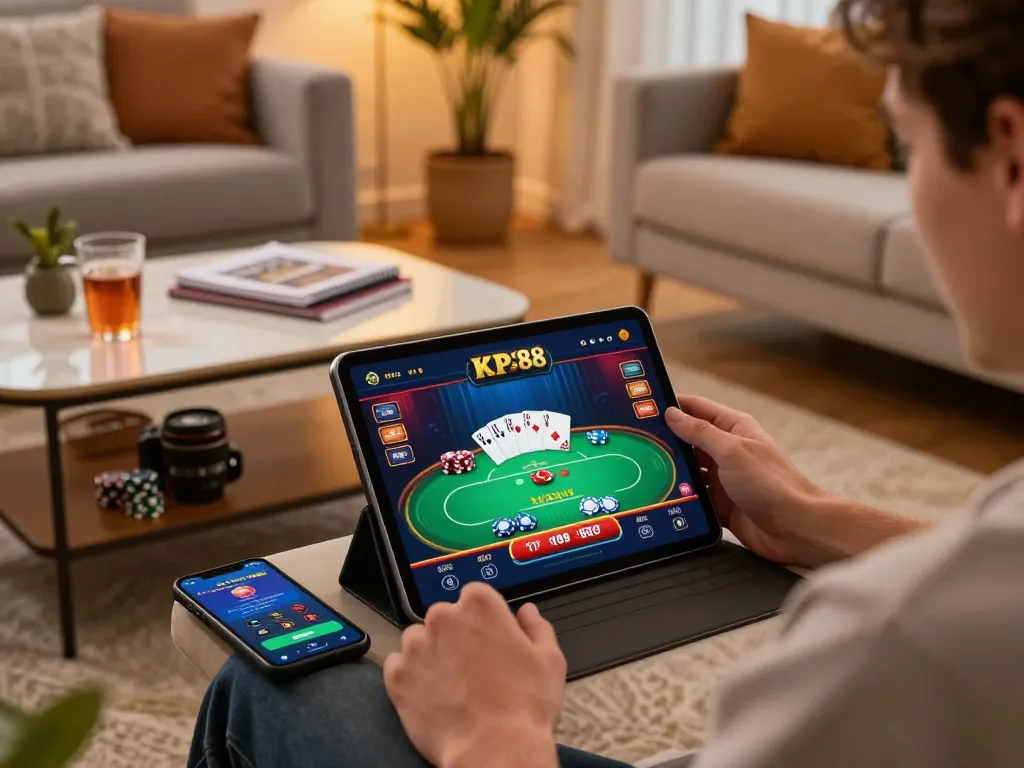 Player engaged in online gaming at home, using the KP88 app for strategic casino play.
