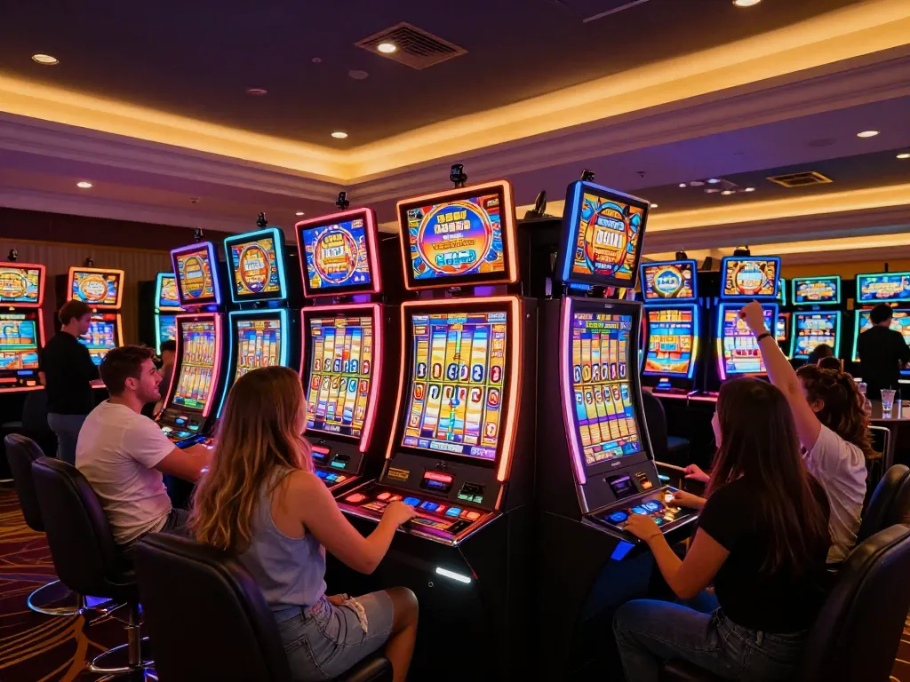 Players celebrating big wins on vibrant slot machines at situs slot, capturing the electrifying atmosphere.