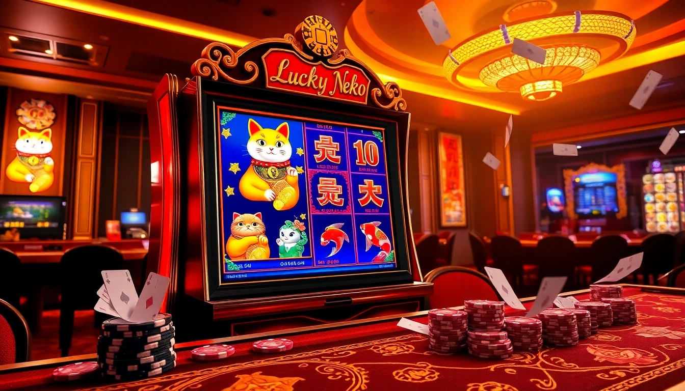 Engaging visual of Lucky Neko PG Soft กำลังมาแรง slot machine amidst a vibrant casino ambiance.