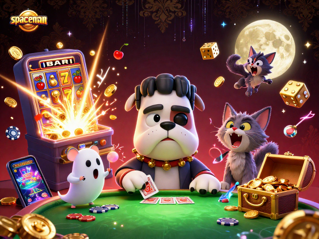 Spaceman character delights gamblers with card tricks while winning big at a busy casino table.
