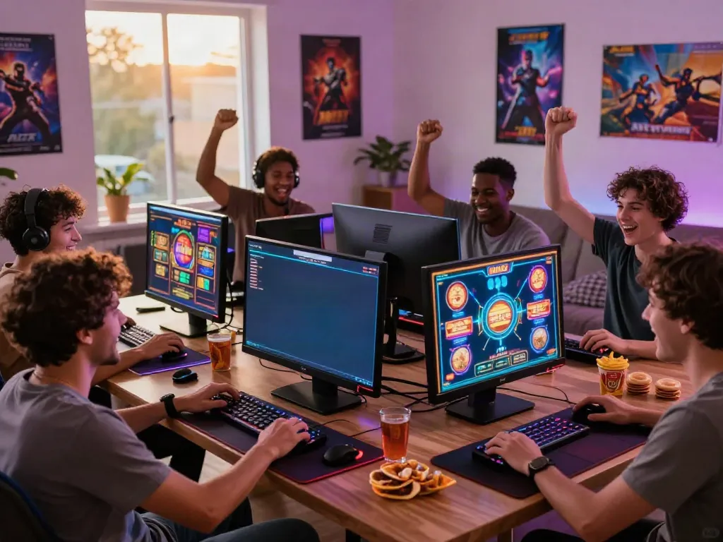 A lively gaming group enjoying akunjp slot games in a colorful, inviting living room setting.