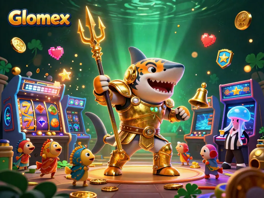Experience thrilling gameplay at Glomex with an underwater casino scene featuring slot reels, vibrant game machines, and a cheering fish crowd.