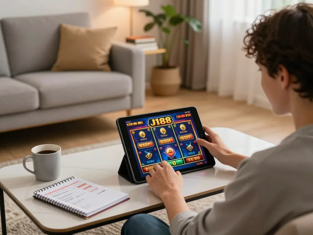 Engaged player enjoying J188 online slots on tablet in a cozy home setting, showcasing a strategic gaming atmosphere.