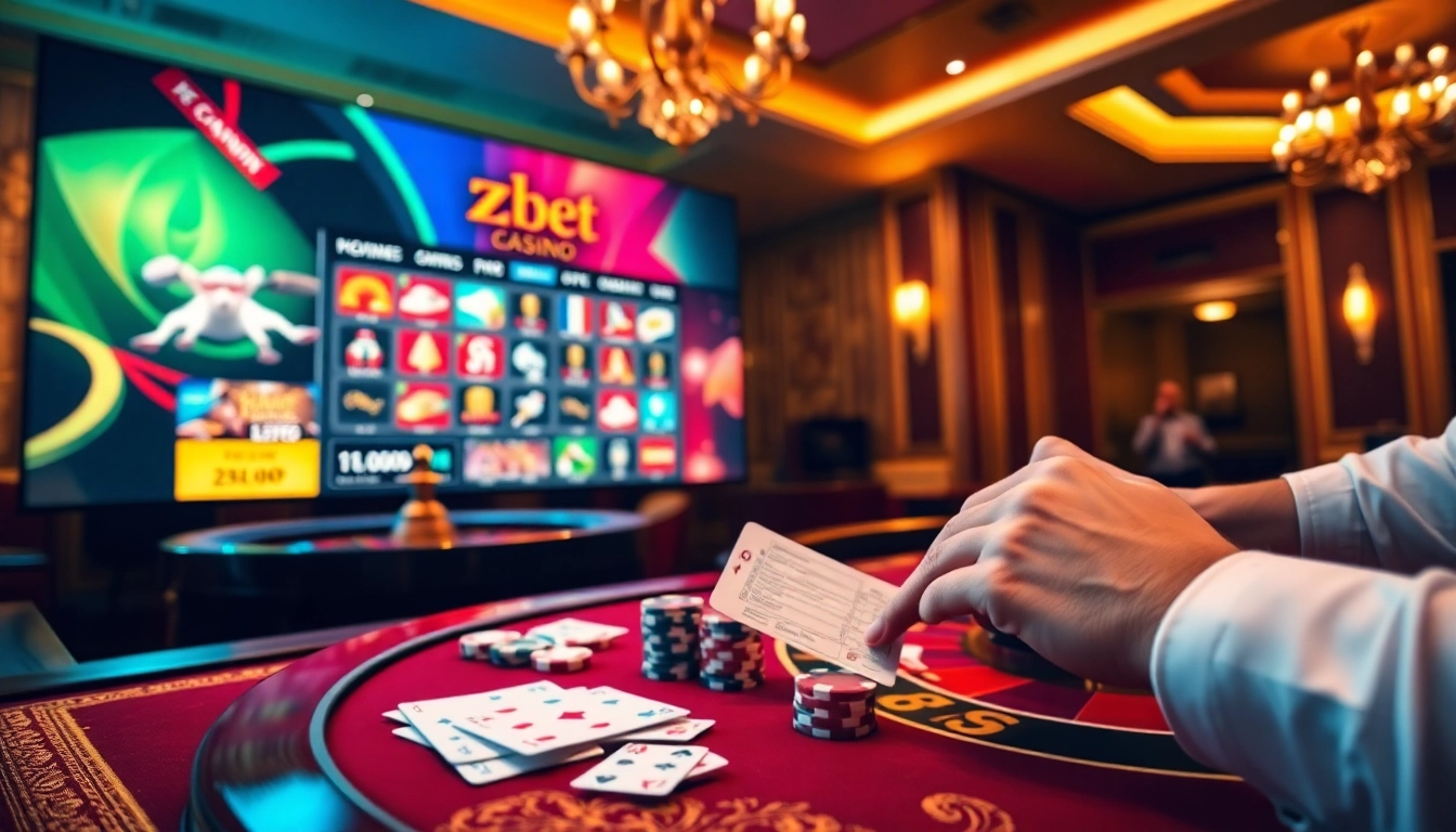 Zbet online gambling experience showcasing an exciting gaming table with roulette, cards, and poker chips.
