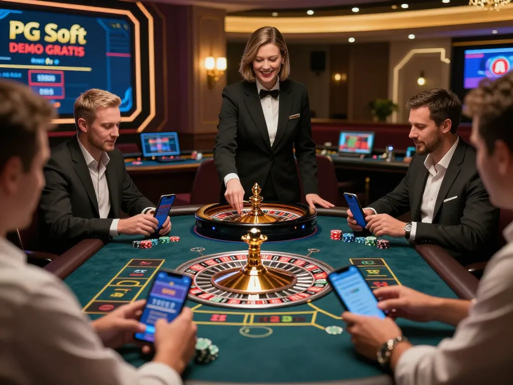 Adegan menarik yang menampilkan pemain menggunakan perangkat untuk PG Soft Demo Gratis di meja roulette dealer langsung di kasino online modern.