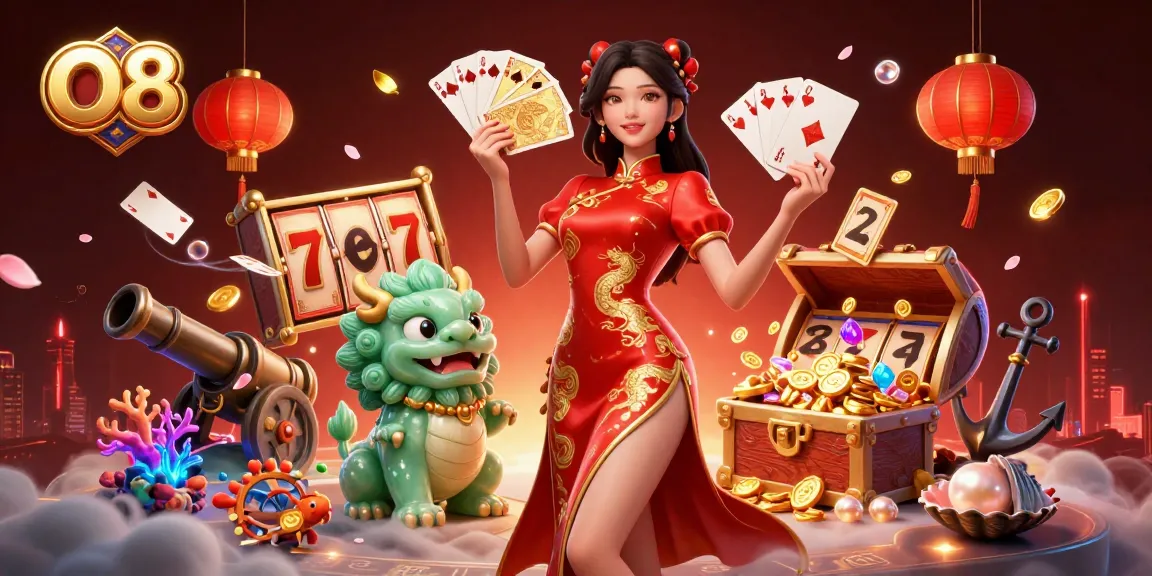Experience thrilling gaming adventures with O8 in a vibrant 3D illustration featuring iconic casino elements.