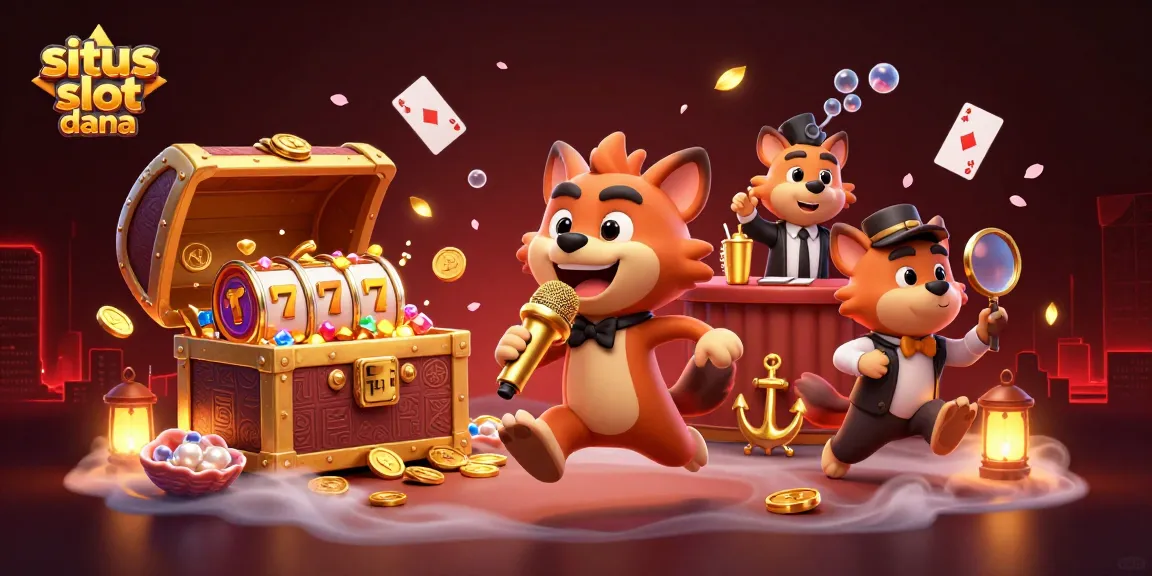 Pemain situs slot dana merayakan kemenangan dengan kombinasi slot reels dan koin emas.