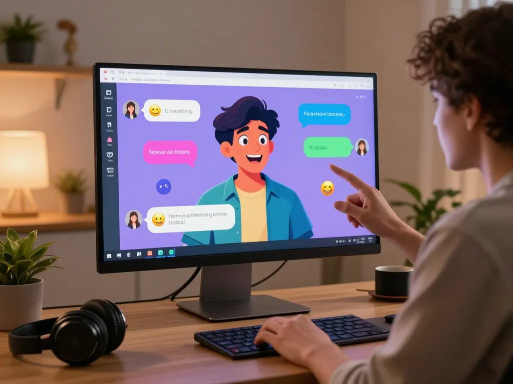 Interactive NSFW AI character chat displayed in a vibrant home office environment.