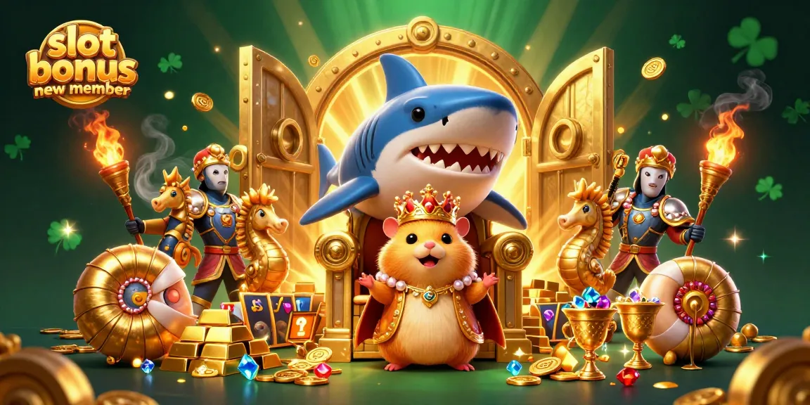Engage with slot bonus new member promotions featuring a golden hamster king amidst riches and slots.