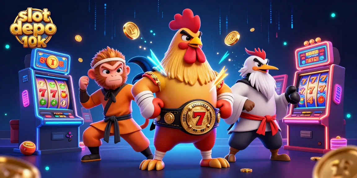 Experience excitement with slot depo 10k as the Muay Thai rooster and Shaolin monkey join in a vibrant casino scene.