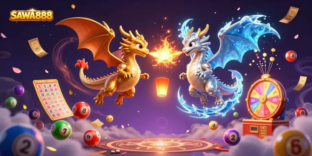 Experience mystical gameplay with SAWA888's vibrant dragons and dynamic lottery elements in this captivating illustration.