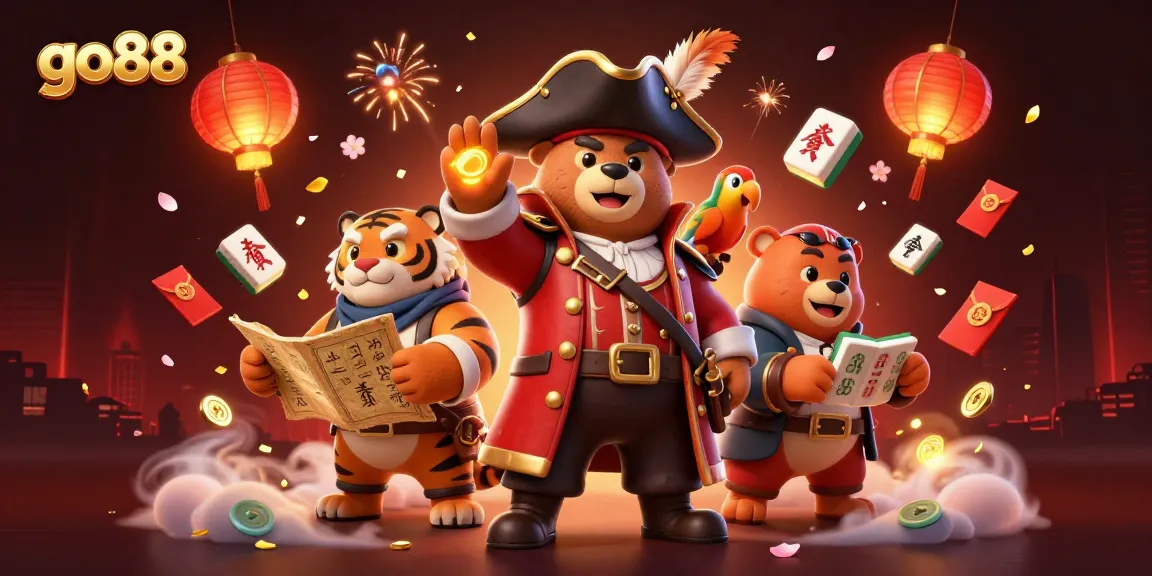 Experience the excitement of go88 gaming with a vibrant scene featuring a pirate bear and tiger, amidst dynamic game elements.