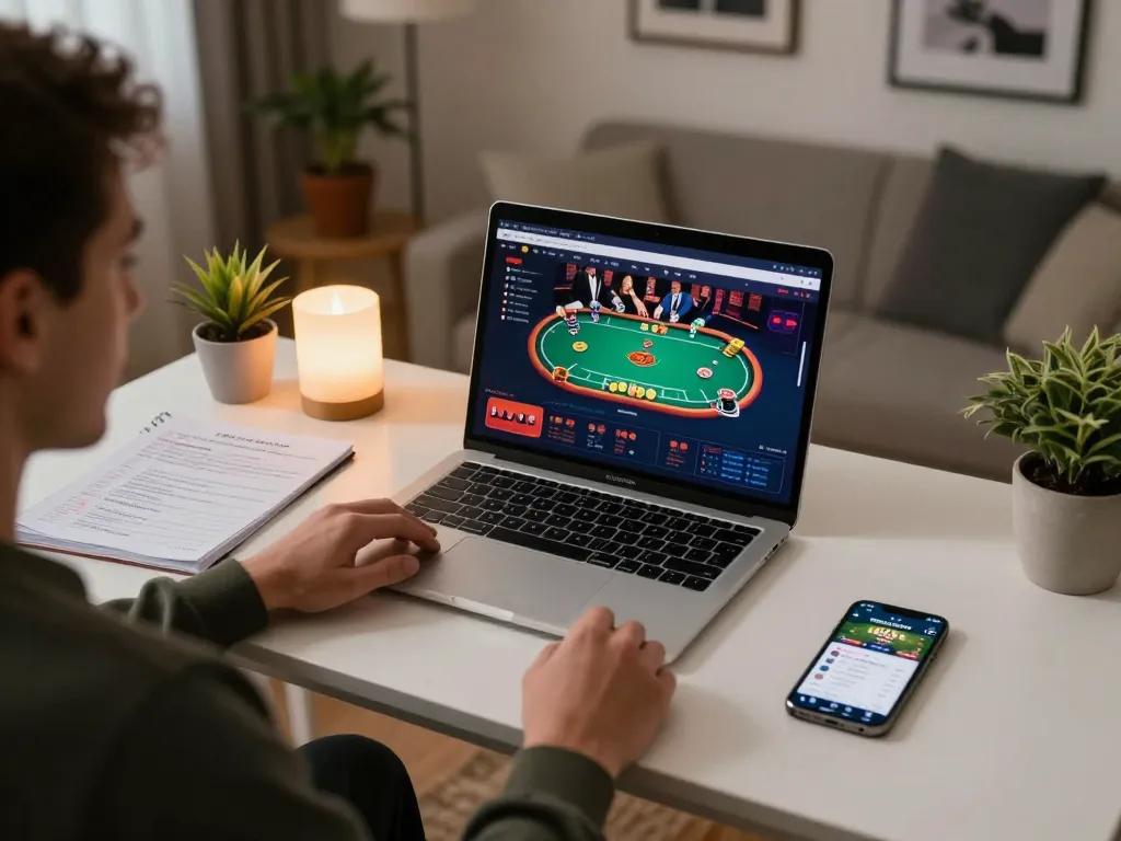 Engaged player using CasinoAtlas for online poker strategy and gameplay insights.